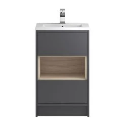 Hudson Reed Coast 500mm Freestanding Vanity Unit with 2 Drawers, Open Shelf & Basin - Grey Gloss/Driftwood