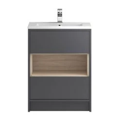 Hudson Reed Coast 600mm Freestanding Vanity Unit with 2 Drawers, Open Shelf & Basin - Grey Gloss & Driftwood