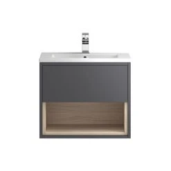 Hudson Reed Coast 600mm Wall Hung Vanity Unit with Open Shelf & Basin - Grey Gloss/Driftwood