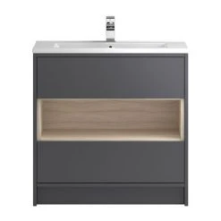 Hudson Reed Coast 800mm Floorstanding 2 Drawer Vanity Unit with Open Shelf & Basin - Grey Gloss/Driftwood | Freestanding Bathroom Vanity