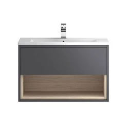 Hudson Reed Coast 800mm Wall Mounted Vanity Unit with Open Shelf & Basin - Grey Gloss/Driftwood | Modern Bathroom Storage