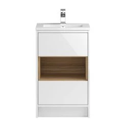 Hudson Reed Coast 500mm 2 Drawer Freestanding Vanity Unit with Open Shelf & Basin - Gloss White & Coco Bolo