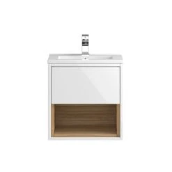 Hudson Reed Coast 500mm Wall Mounted Vanity Unit with Open Shelf & Basin - Gloss White/Coco Bolo | Modern Bathroom Storage Solution