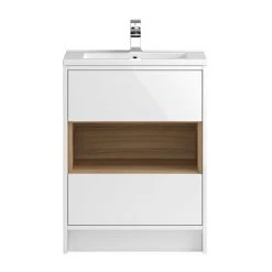 Hudson Reed Coast 600mm Freestanding Vanity Unit with 2 Drawers, Open Shelf & Basin - Gloss White/Coco Bolo