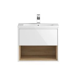 Hudson Reed Coast 600mm Wall Mounted Vanity Unit with Open Shelf & Basin - Gloss White/Coco Bolo | Modern Bathroom Storage Solution