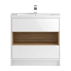 Hudson Reed Coast 800mm Floorstanding 2 Drawer Vanity Unit with Open Shelf & Basin - Gloss White/Coco Bolo