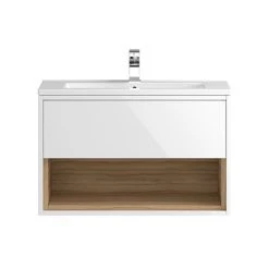 Hudson Reed 800mm Wall Mounted Vanity Unit with Open Shelf & Basin - Gloss White/Coco Bolo | Modern Bathroom Storage