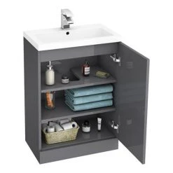 Apollo2 605mm Gloss Grey Open Shelf Floor Standing Vanity Unit with Matt Black Handle - Victorian Plumbing -Vanity Units Shop AP2GFS6SMB d2 460