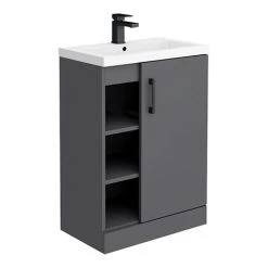 Apollo2 605mm Gloss Grey Open Shelf Floor Standing Vanity Unit with Matt Black Handle - Victorian Plumbing
