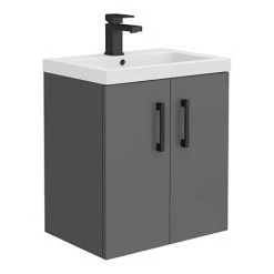 Apollo2 505mm Gloss Grey Wall Hung Vanity Unit with Matt Black Handles | Victorian Plumbing