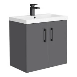 Apollo2 605mm Gloss Grey Wall Hung Vanity Unit with Matt Black Handles - Victorian Plumbing