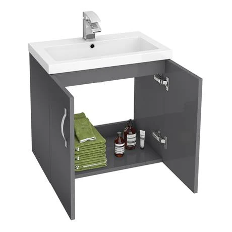 Apollo2 605mm Gloss Grey Wall Hung Vanity Unit - Modern Bathroom Storage Solution 3 Apollo2 605mm Gloss Grey Wall Hung Vanity Unit - Modern Bathroom Storage Solution - Image 3