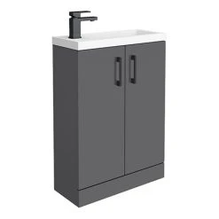 Apollo2 605mm Gloss Grey Compact Floor Standing Vanity Unit with Matt Black Handles | Victorian Plumbing
