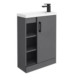 Apollo2 605mm Gloss Grey Open Shelf Compact Floor Standing Vanity Unit with Matt Black Handle