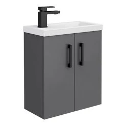 Apollo2 505mm Gloss Grey Compact Wall Hung Vanity Unit with Matt Black Handles - Modern Bathroom Storage