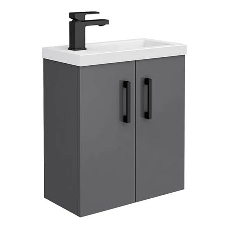 Apollo2 505mm Gloss Grey Compact Wall Hung Vanity Unit with Matt Black Handles - Modern Bathroom Storage 1 Apollo2 505mm Gloss Grey Compact Wall Hung Vanity Unit with Matt Black Handles - Modern Bathroom Storage