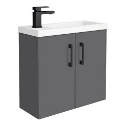 Apollo2 605mm Gloss Grey Compact Wall Hung Vanity Unit with Matt Black Handles - Victorian Plumbing
