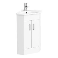 Alaska Corner Vanity Unit - Gloss White - 590mm with Chrome Handles | Freestanding Bathroom Vanity