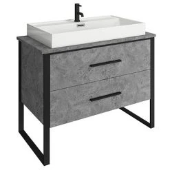 Arezzo 1000mm Countertop Basin Unit - Concrete-Effect with Black Frame & Integrated Basin