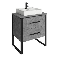 Arezzo 600mm Concrete-Effect Countertop Basin Unit with Black Frame - Freestanding Vanity Unit