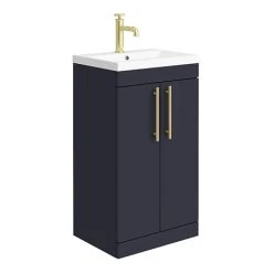 Arezzo Matt Blue Freestanding Vanity Unit 500mm with Brushed Brass Handles - Industrial Style