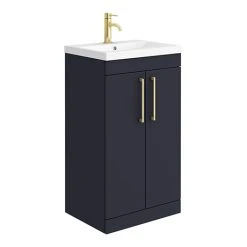 Arezzo 500 Matt Blue Floor Standing Vanity Unit with Brushed Brass Handles | Freestanding Vanity Unit