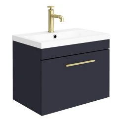 Arezzo 600mm Wall Hung Vanity Unit - Matt Blue with Brushed Brass Handle