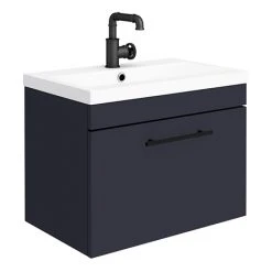 Arezzo Matt Blue Wall Hung Vanity Unit 600mm with Industrial Style Black Handle