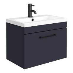 Arezzo 600 Matt Blue Wall Hung 1-Drawer Vanity Unit with Matt Black Handle - Modern Bathroom Storage Solution