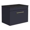 Arezzo 600mm Wall Hung Countertop Vanity Unit - Matt Blue with Black Worktop & Brushed Brass Handle