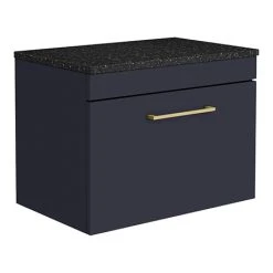 Arezzo 600mm Wall Hung Countertop Vanity Unit - Matt Blue with Black Worktop & Brushed Brass Handle