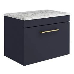 Arezzo Matt Blue Wall Hung Vanity Unit - 600mm with Matt White Marble Worktop & Brass Handle