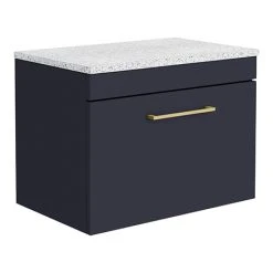 Arezzo Matt Blue Wall Hung Vanity Unit 600mm with White Worktop & Brushed Brass Handle