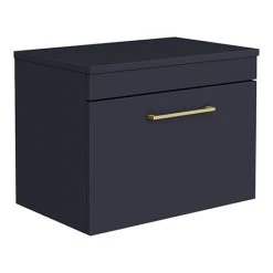 Arezzo Matt Blue Wall Hung Countertop Vanity Unit - 600mm with Brushed Brass Handle