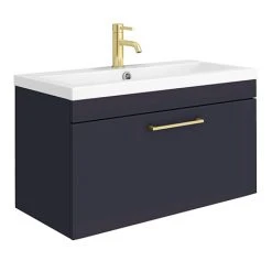 Arezzo Matt Blue Wall Hung Vanity Unit with Brushed Brass Handle - 800mm