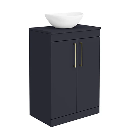 Arezzo Blue Countertop Basin Unit with Brushed Brass Handles - 600mm Freestanding Vanity 1 Arezzo Blue Countertop Basin Unit with Brushed Brass Handles - 600mm Freestanding Vanity