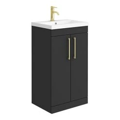 Arezzo 500 Matt Black Floor Standing Vanity Unit with Brushed Brass Handles | Freestanding Vanity Unit