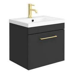 Vanity Units Shop 48 Arezzo 500 Matt Black Wall Hung 1-Drawer Vanity Unit with Brushed Brass Handle - Elegant Bathroom Furniture