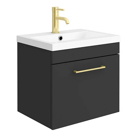 Arezzo 500 Matt Black Wall Hung 1-Drawer Vanity Unit with Brushed Brass Handle - Elegant Bathroom Furniture 1 Arezzo 500 Matt Black Wall Hung 1-Drawer Vanity Unit with Brushed Brass Handle - Elegant Bathroom Furniture