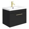 Arezzo 600 Matt Black Wall Hung 1-Drawer Vanity Unit with Brushed Brass Handle - Modern Bathroom Storage