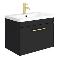 Arezzo 600 Matt Black Wall Hung 1-Drawer Vanity Unit with Brushed Brass Handle - Modern Bathroom Storage