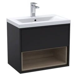 Arezzo Senza 600mm Matt Black & Vicenza Oak Wall Hung Vanity Unit with Open Shelf & Ceramic Basin -Vanity Units Shop AZBLAVO6 d2 460
