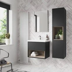 Arezzo Senza 600mm Matt Black & Vicenza Oak Wall Hung Vanity Unit with Open Shelf & Ceramic Basin -Vanity Units Shop AZBLAVO6 d3 460