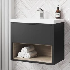 Arezzo Senza 600mm Matt Black & Vicenza Oak Wall Hung Vanity Unit with Open Shelf & Ceramic Basin