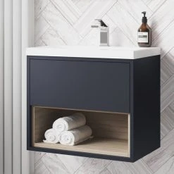 Arezzo Senza 600mm Matt Blue & Vicenza Oak Wall Hung Vanity Unit with Open Shelf & Ceramic Basin