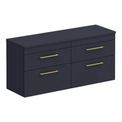 Arezzo Matt Blue Wall-Hung 4-Drawer Double Countertop Vanity Unit - 1200mm with Brushed Brass Handles