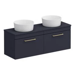 Arezzo Matt Blue Wall Hung Double Countertop Vanity Unit with 2 Basins & Brushed Brass Handles (1200mm) -Vanity Units Shop AZBWHBB12RB detail3 460