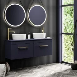 Arezzo Matt Blue Wall Hung Double Countertop Vanity Unit with 2 Basins & Brushed Brass Handles (1200mm)