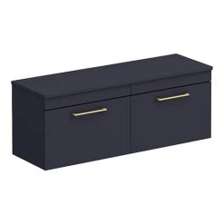 Arezzo Matt Blue Wall Hung Double Countertop Vanity Unit with Brushed Brass Handles - 1200mm