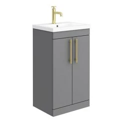 Arezzo Matt Grey Floor Standing Vanity Unit 500mm with Industrial Brushed Brass Handles